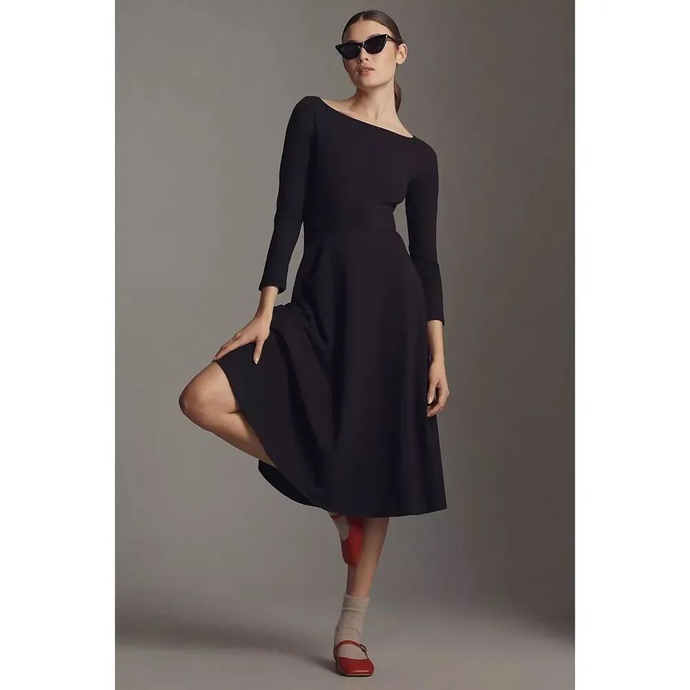 Reformation Women's Black Long Sleeve Fit & Flare Midi Dress Size Large NWOT - Picture 1 of 9